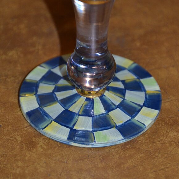 RARE RETIRED DESIGNER MACKENZIE CHILDS BLUE ROYAL CHECK GOLD WINE GLASS GOBLET - Picture 10 of 10